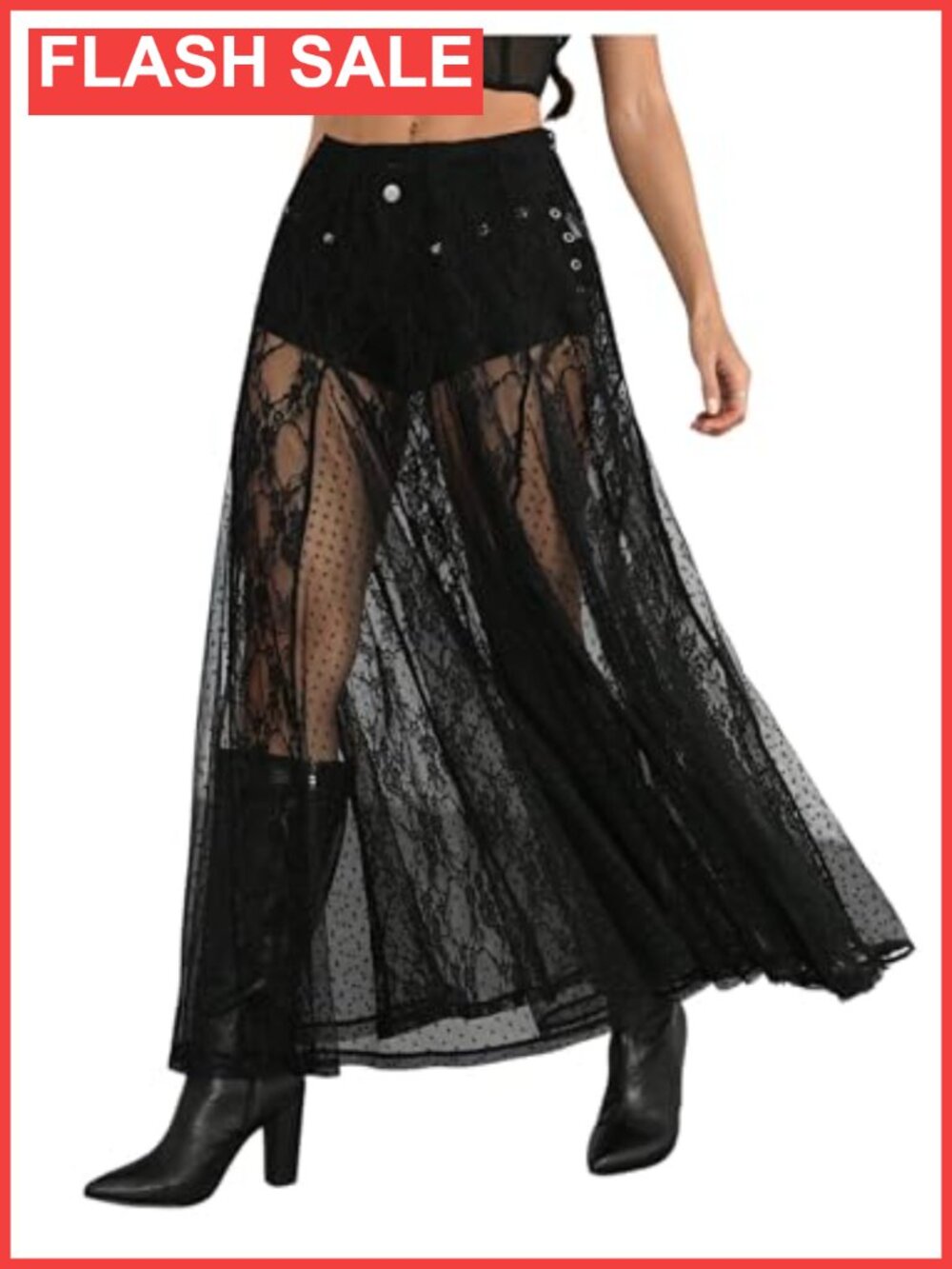 Lace Sheer Long A-Line Low Waist Flared Flowy Skirt